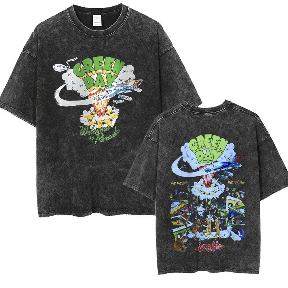 Washed Vintage Punk Band Green Day Cartoon Funny Merch Tshirt Men Women Clothing Rock Oversized T Shirts Mens Fashion Tshirts