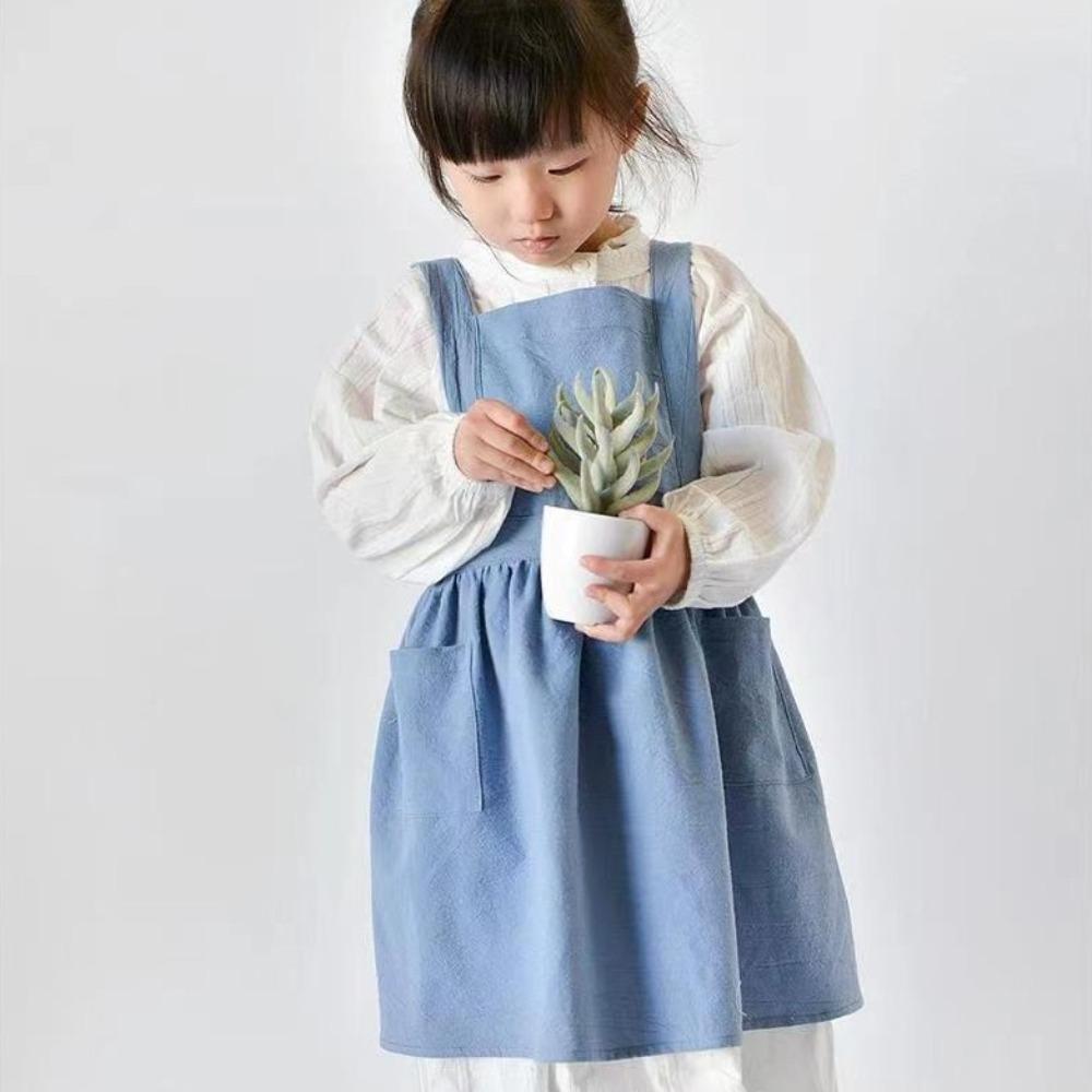 Kawaii Japanese Style Kids Apron Dress Solid Color Cotton Coffee Aprons Cross-back Soft Gardening Overalls for Painting Baking