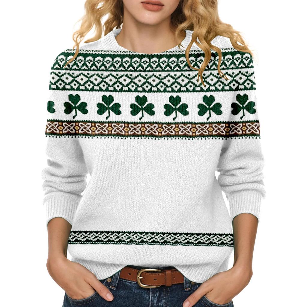 LXF-YT52 Saint Patrick's Day Fair Isle Pullover Sweater - Long Sleeve, Spring and Autumn Fashion.