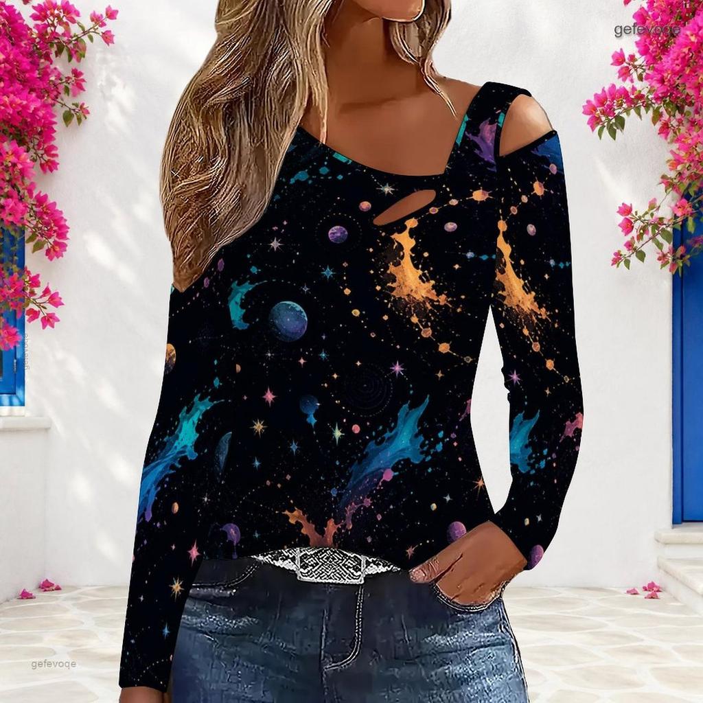 Women Plus Size Asymmetric Cutout Neck Cold Shoulder Long Sleeve Multicolor Printed Fitted Top