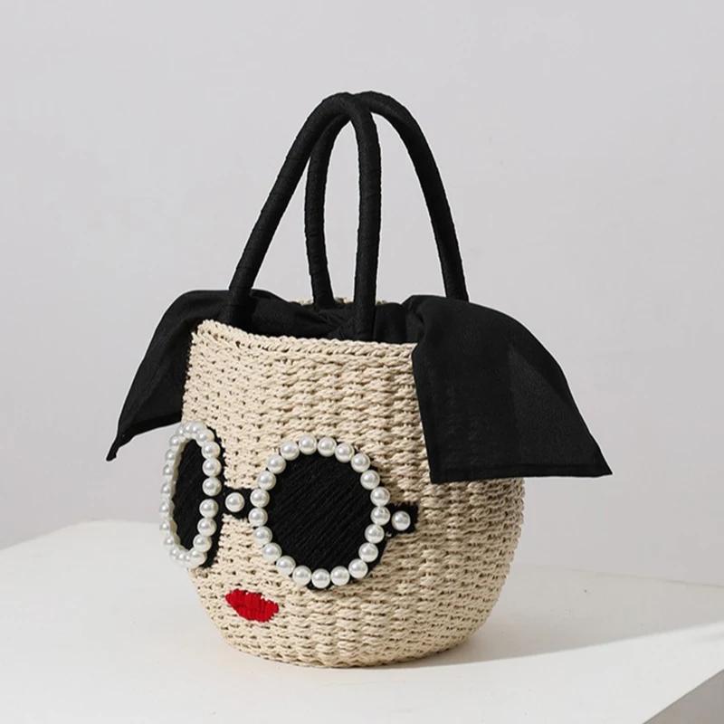 

Glasses Red Lips Straw WovenJapanese Fashion Rattan Hand Bag Cute Cartoon Shoulder Crossbody Beach Bag Bucket Woven Bag Female
