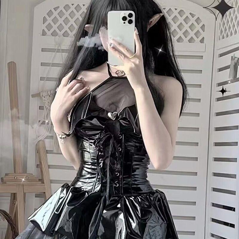 Sexy Cosplay Pu Dress Women Harajuku Streetwear Bandage Hollow Out Bats Dress Punk Y2k Girl Mall Gothic Clothes