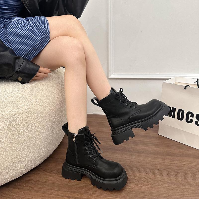 Thick-soled slim Maillard style short boots autumn new British style round head retro small Martin boots women