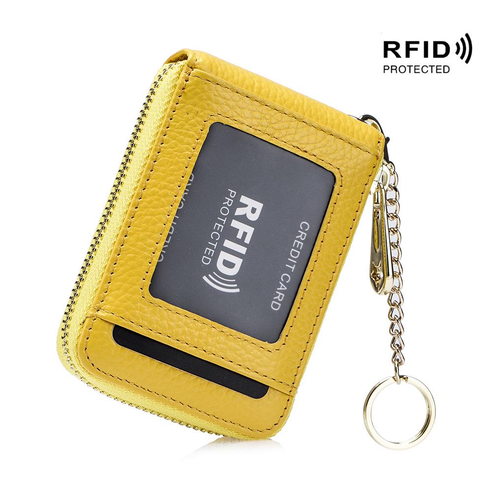 Exquisite RFID Genuine Leather Accordion Card Holder for Women and Men with Keychain