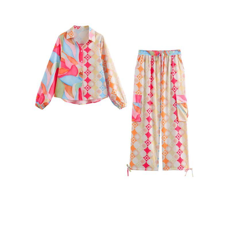 Kaslead New Arrival Women's Fashion Style Fashion Print Long Sleeves Shirt Casual Straight Trousers Suit