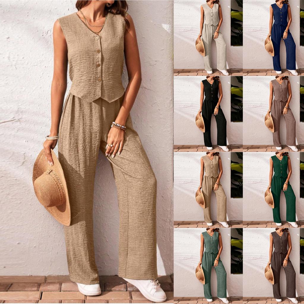 Women's Casual V-Neck Vest Linen-Cotton Blend Set
