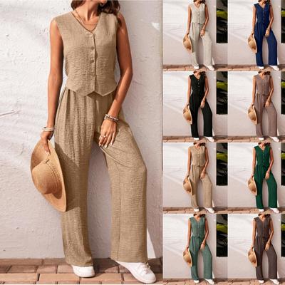 Conjunto Casual de Chaleco de Cuello en V para Mujer Mezcla de Lino y Algodón