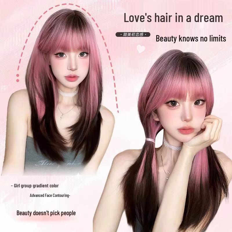 Women's Long Straight Gradient Wig – Black to Pink Highlights, Full Head Cover, Natural Look, Daily Wear