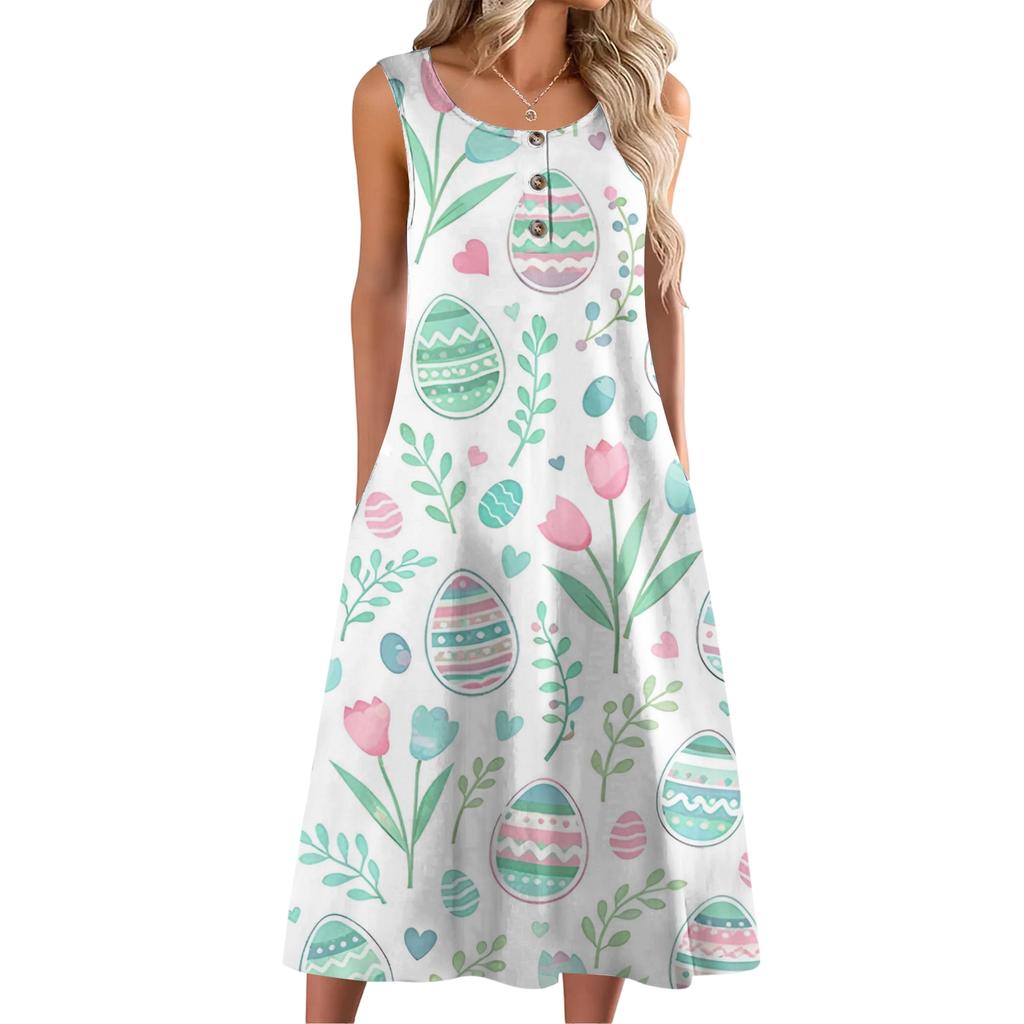 Women Fashion Casual Sleeveless Button Easter Print Dress With Pocket