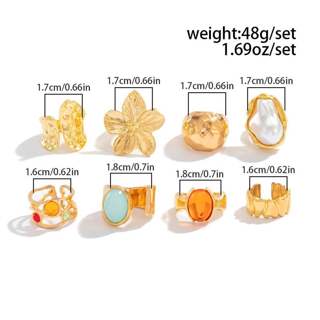 Ingemark 8Pcs/Set Elegant Imitation Pearl Flower Open Ring for Women Exquisite Geometric Wide Knuckle Ring Wedding New Jewelry
