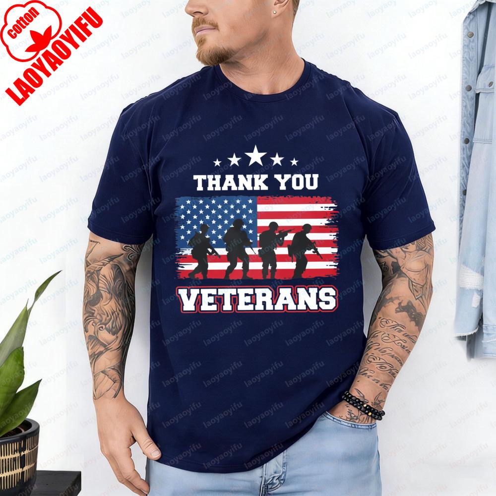 Thank You Veterans Tops America Flag Soldier Silhouette Patriotic Casual Cotton Tee Trend Retro Independence Day T Shirt for Men