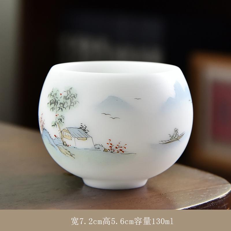 Ice Type Ceramic , Sheep Fat Jade Porcelain Hand-painted Master Single Cup, Large Size Tasting Tea Bowl, Household Kung F