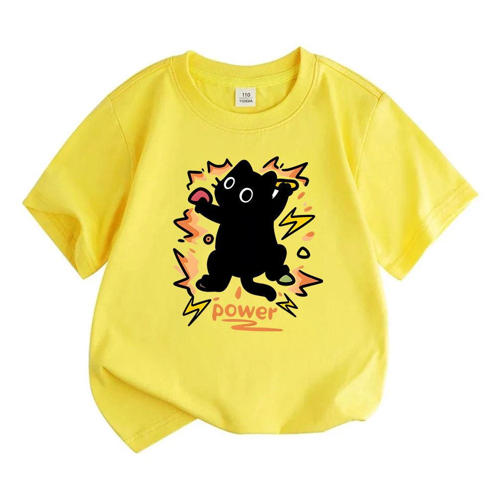 Kids Boys Girls 100% Cotton Crew Neck Short Sleeve T-Shirt, Cute Black Cat Power Lightning Explosion Pattern Casual Soft Summer Tee for Children Daily
