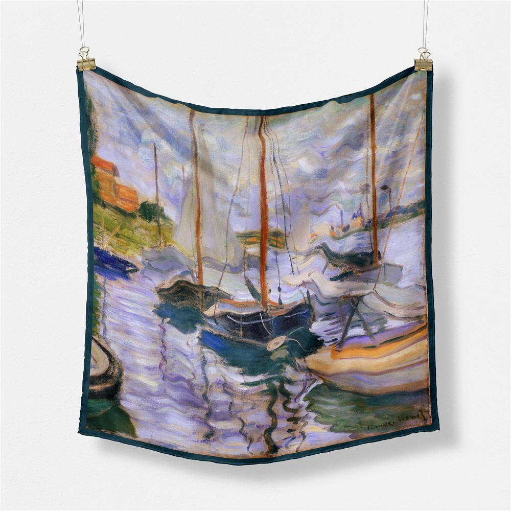 POBING Twill Silk Scarf Women Oil Painting Square Scarves Wraps Bandana Small Hijab Lady Foulards Tie Headband Neckerchief 53CM