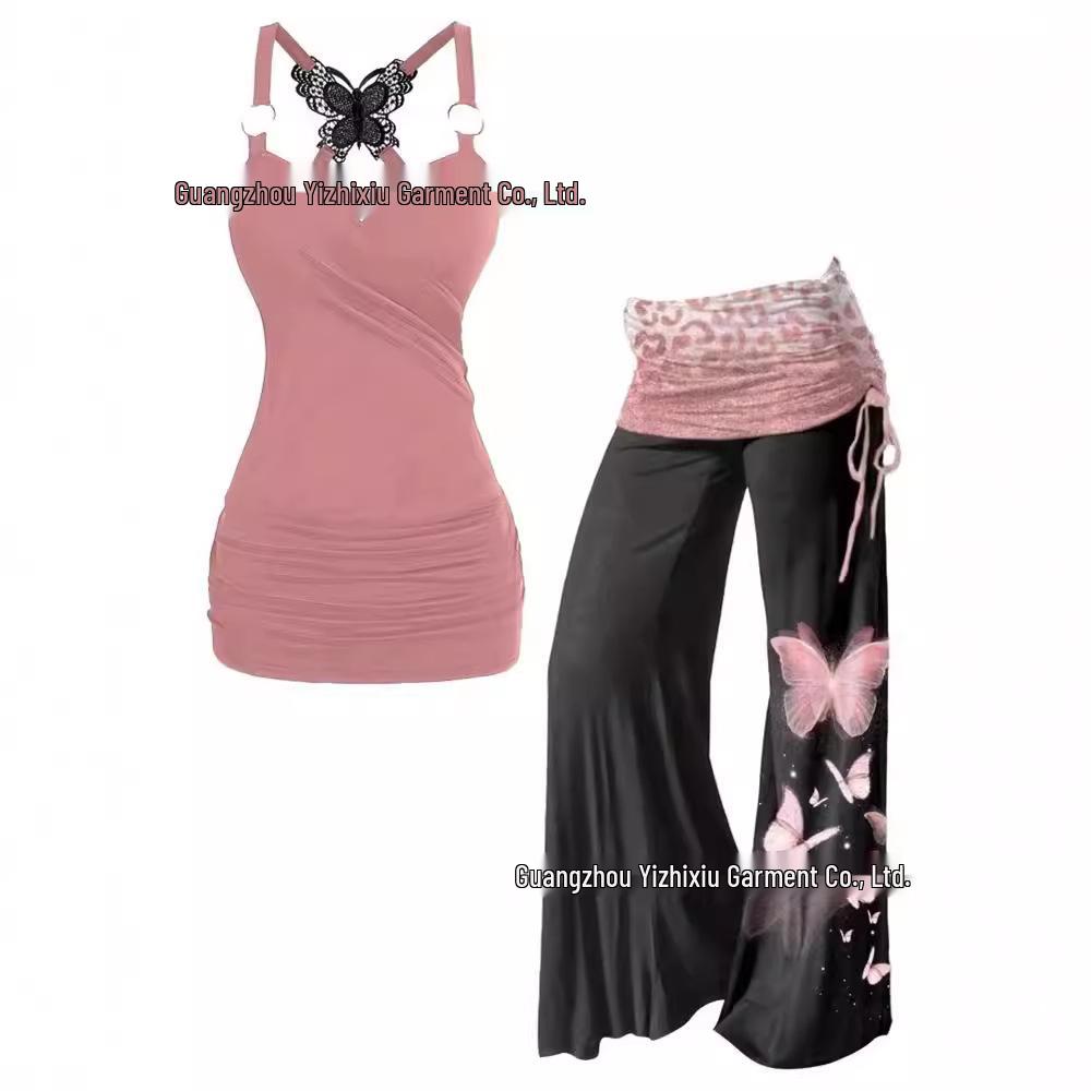 Plus Size European & American Embroidered Sling Top and Flare Pants Set for Women - In Stock