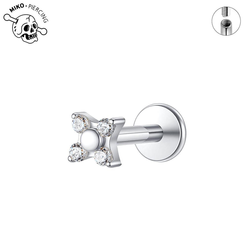 ASTM F136 Titanium Anodizing Four Petal Flower CZ Cartilage Earring 16G Internally Threaded Flat Back Labret Piercing Jewelry