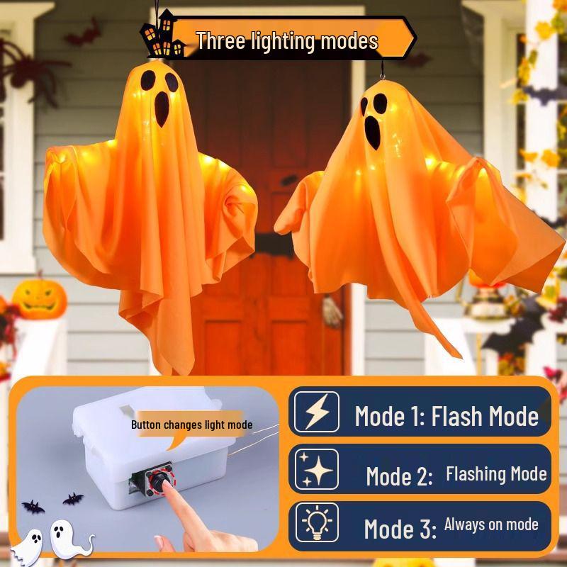 Glowing LED Ghost Pendant: Halloween Hanging Decoration with Colored Lights and Spooky Vibe.