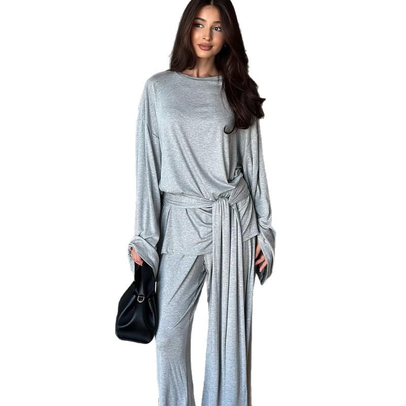 Damen Einfarbiges Langarm-Oberteil zum Binden und Taschen-Geradebein-Hosen-Set