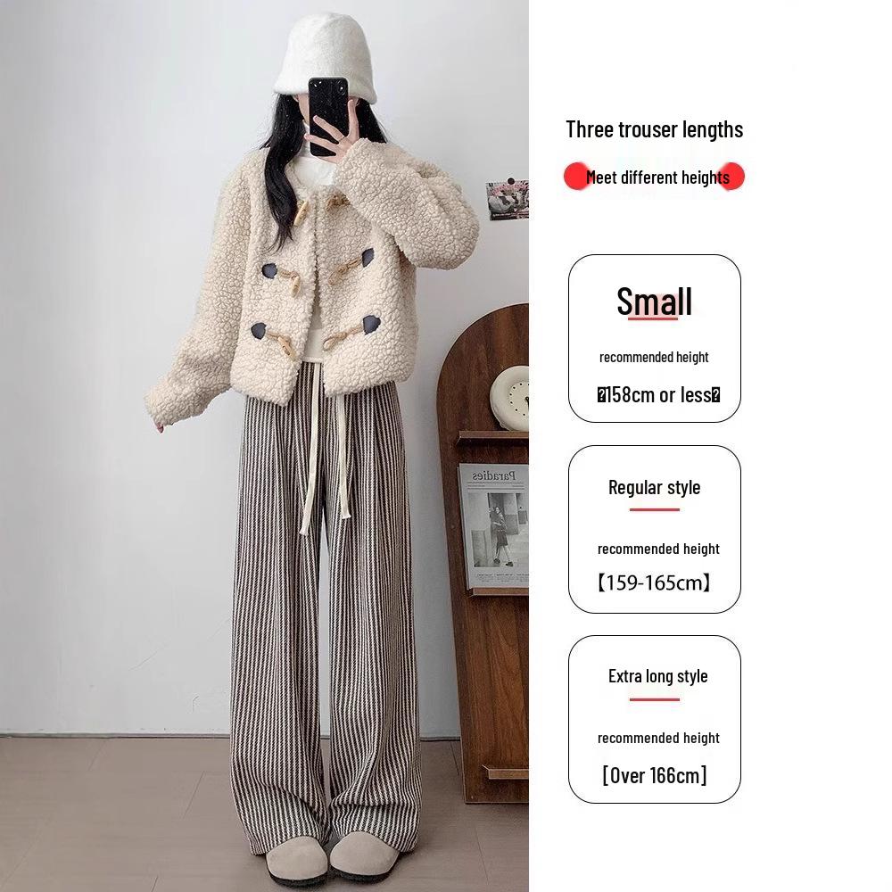 Petite Coffee Pinstripe Casual Women's Wide-Leg Pants, Drawstring High Waist, Relaxed Fit - Perfect for Spring & Autumn.