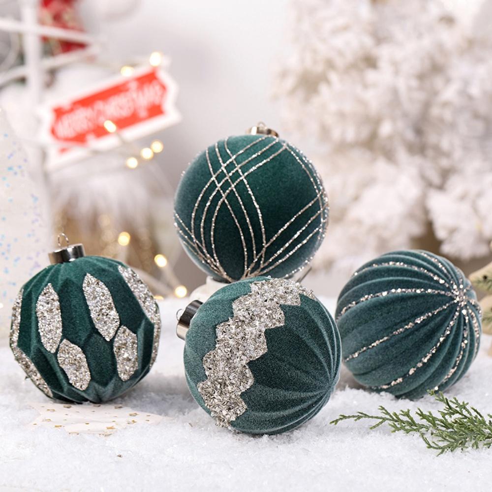 4PCS 10cm Flocked Christmas Ball Ornaments Velvet Glitter Christmas Tree Ball Pendant Home Festive New Year Christmas Decoration