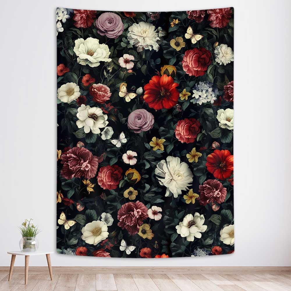 Dark Floral Garden Tapestry, Vintage Red White Rose Print Large Wall Hanging for Bedroom Living Room Aesthetic Home Decor