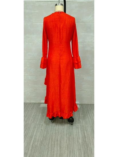 Women's Bohemian Pleated Ruffle Hem V-Neck Maxi Dress