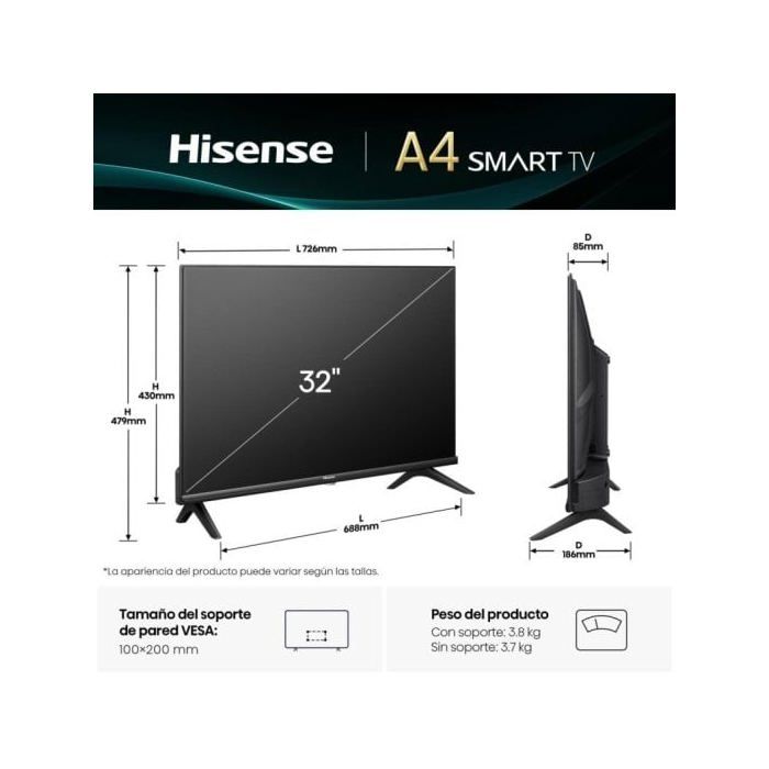 Hisense LED 32A4Q 32? HD Smart TV Dolby DTS HD Sin Marcos Modo Juego