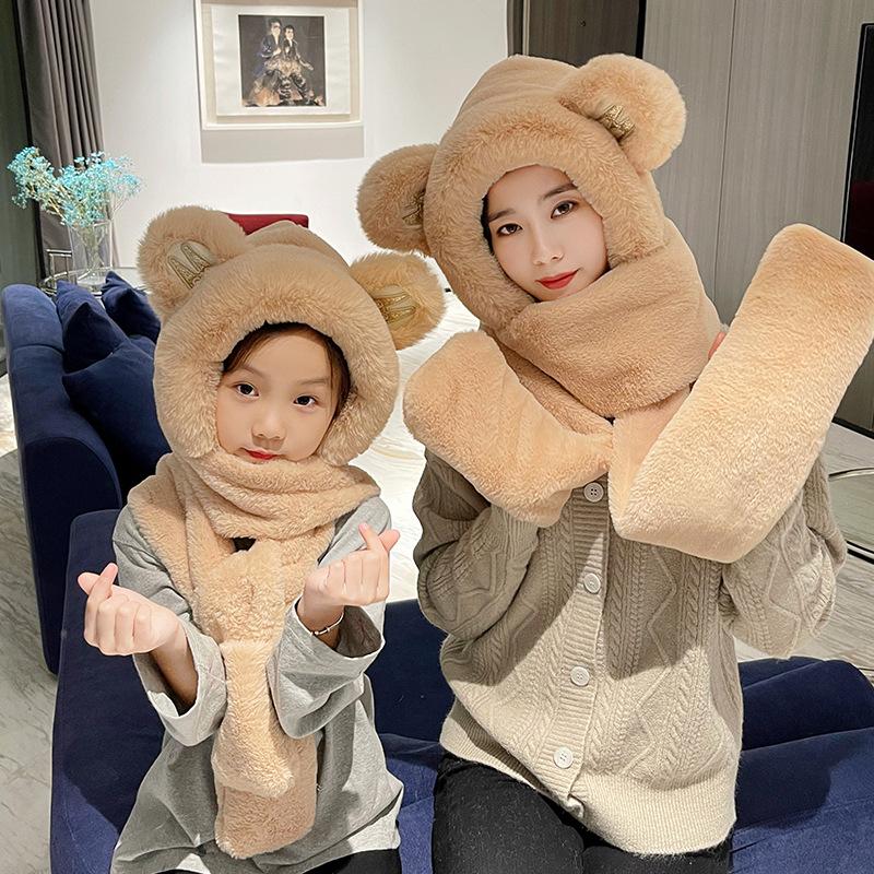 Plush hat female autumn and winter bear ears ear protection scarf gloves integrated thermal pullover windproof hat