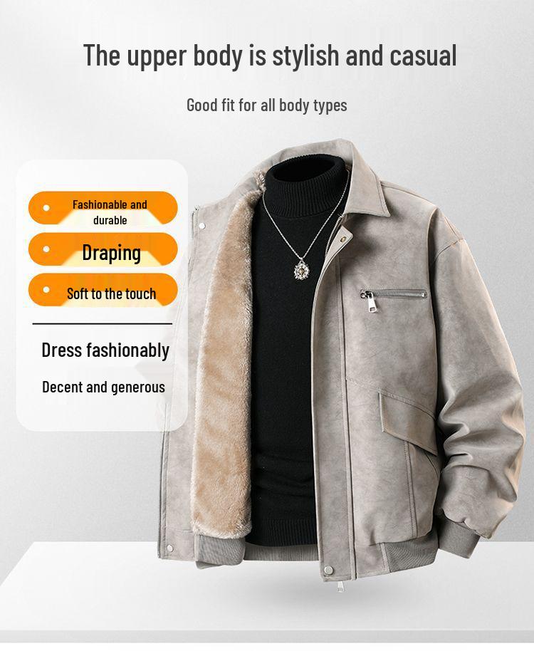Men's American-Style Winter Leather Jacket with Fleece Lining – Solid, Warm, Windproof, Lapel, Loose Fit, Versatile.