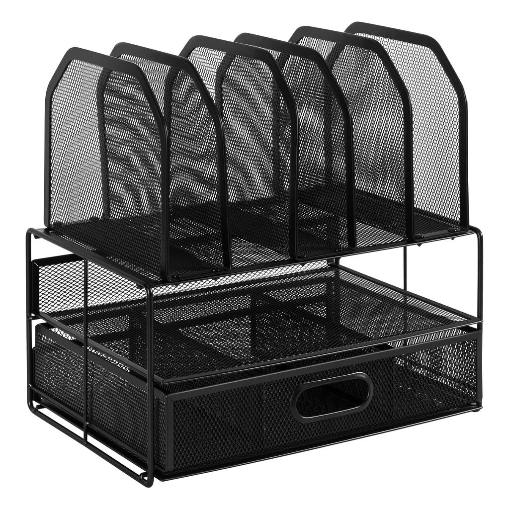 Amazon Basics Desktop Mesh Storage Case with Sliding Double and Five Upright Black Drawer, Tray, Sections,
