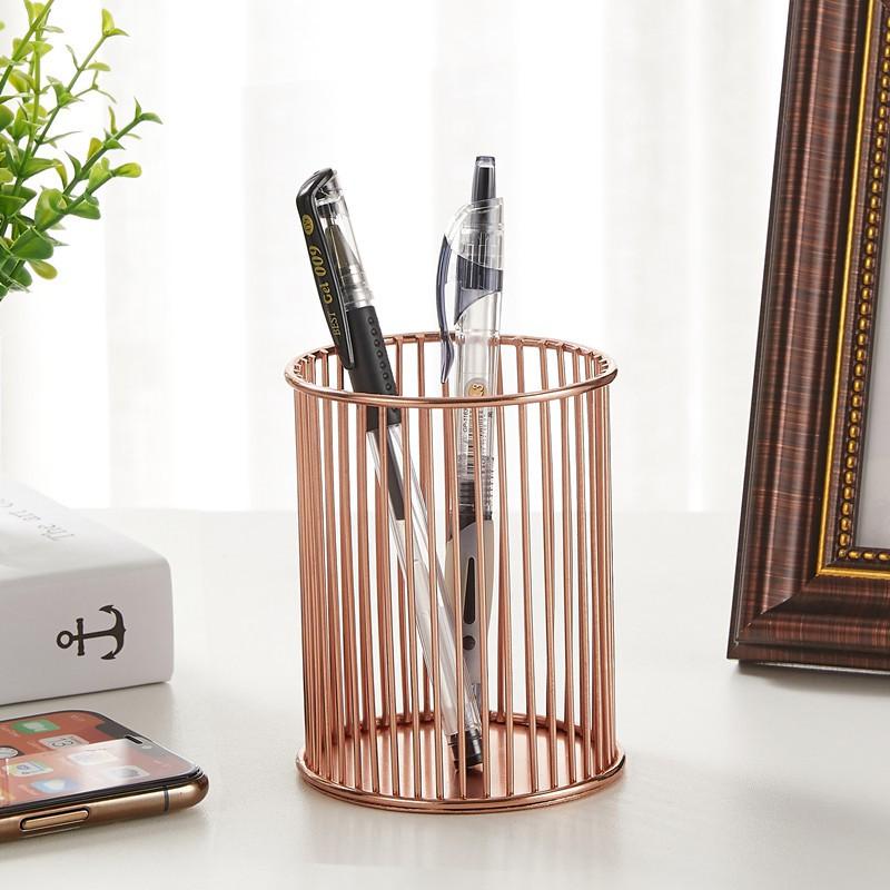 Metal Desk Organizer Pen Holder Storage Basket Office School Makeup Brushes Nordic Style Iron Wire Mesh Container