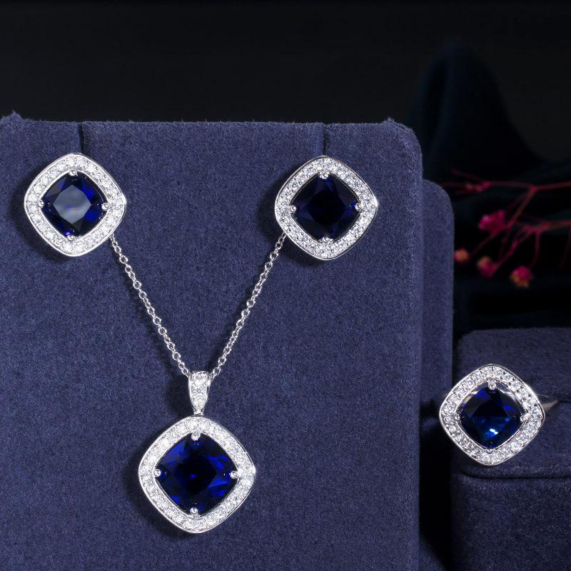 Simple Three-Piece Set Of Micro-Inlaid Zircon Square Earrings, Pendant, Ring Set Chain.
