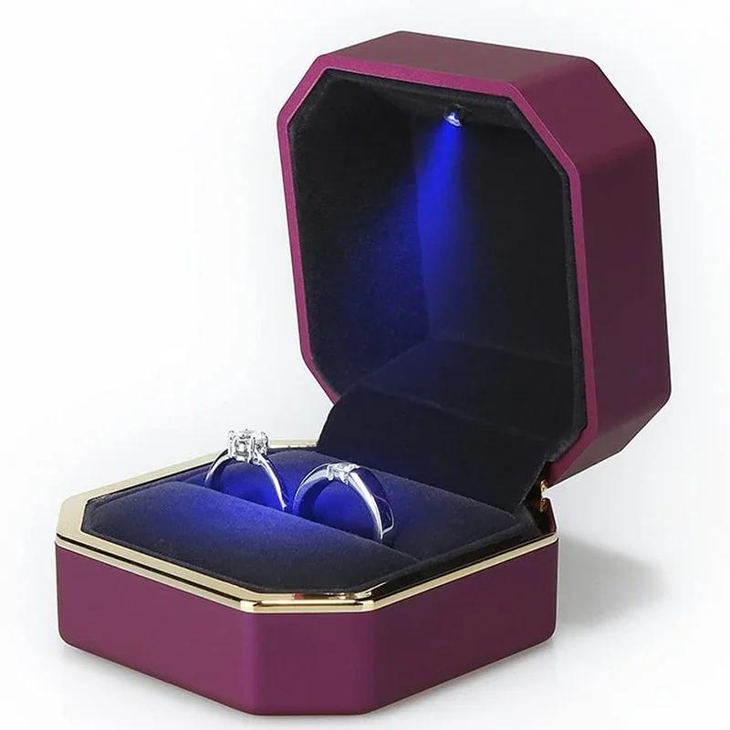 New 1PCS Ring Box Wedding Velvet Ring Case Organizer Jewelry Gift Box With Led Light For Proposal Engagement Ring Boxes