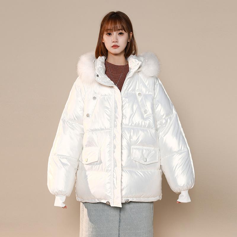 No-wash Down Cotton Jacket for Women Winter New Style Korean Style Fashion Glossy Cotton Jacket Loose Big Fur Collar Jacket