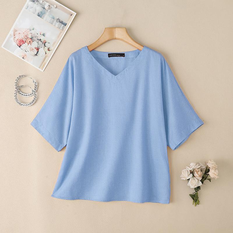 ZANZEA Bluză lejeră cu decolteu în V de culoare uni pentru femei