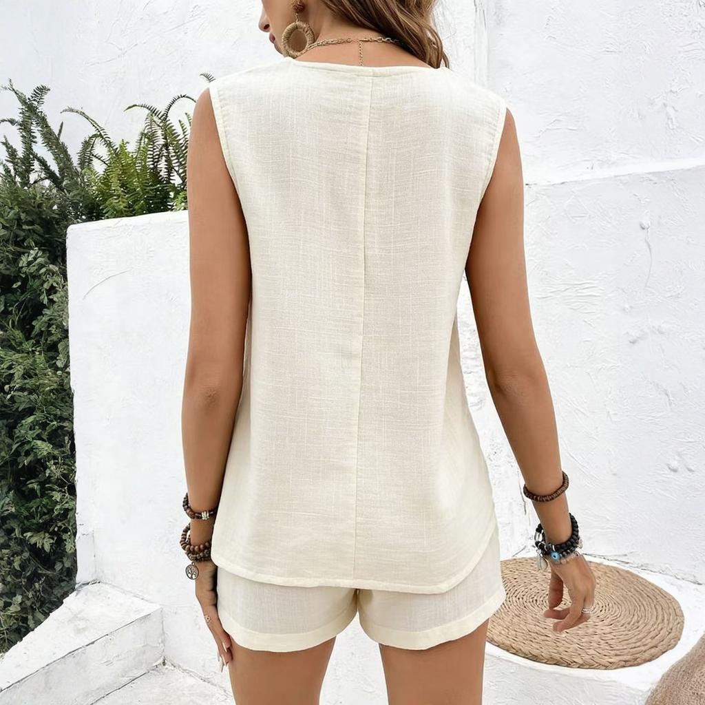 Fashion Women's Loose Sleeveless Spring And Summer V-neck Casual Color Shorts Set