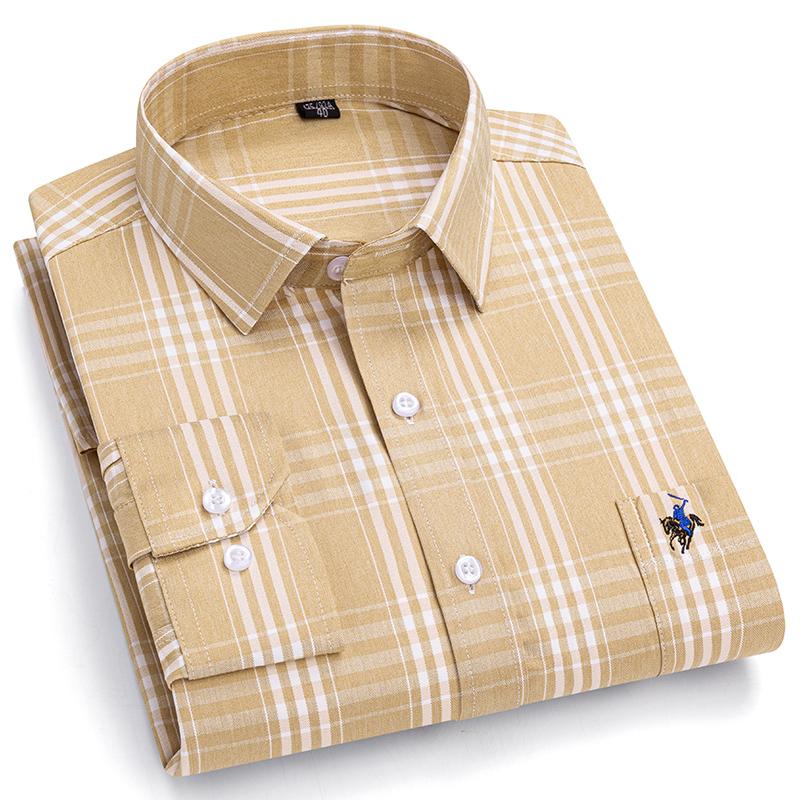Pure Cotton Plaid Shirts for Men Logo Long Sleeve Quality Formal Business Man Shirt