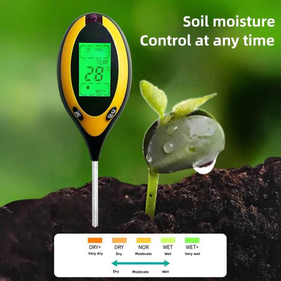 4-in-1 Soil Tester Digital Display Soil Moisture Sunlight PH Temperature Tester Long Probe Soil Tester for Garden Lawn Farm Greenhouse Plant Care