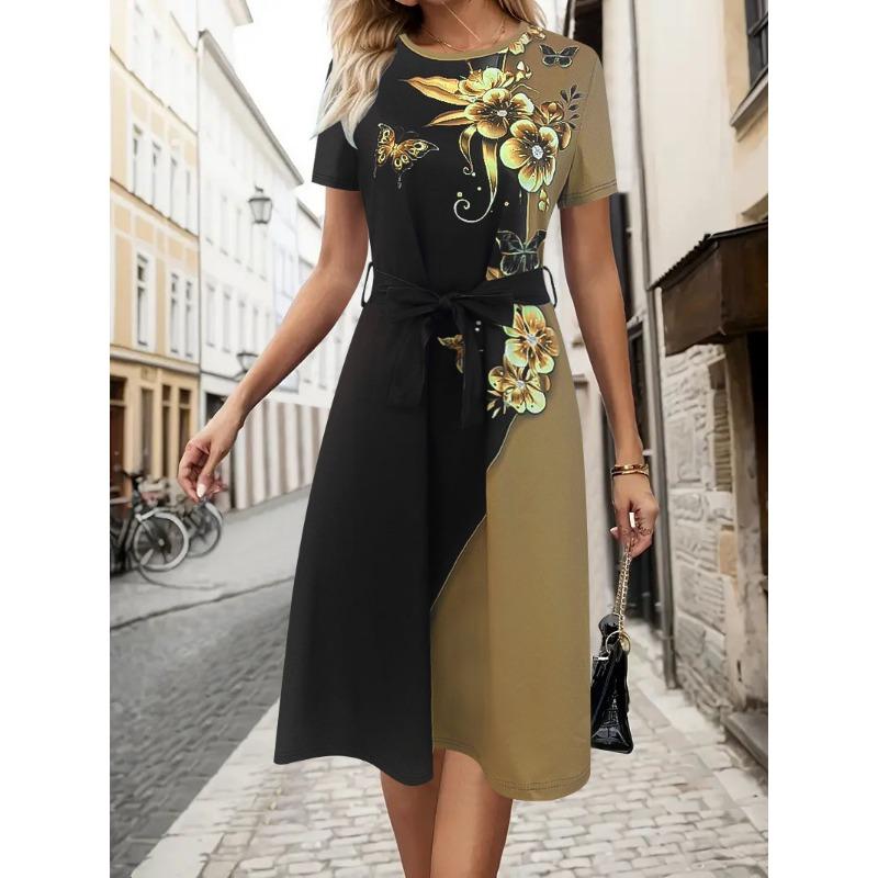 

Женское платье-рубашка с короткими рукавами и круглым вырезом, с принтом и поясом Commuter Belt XXL хаки