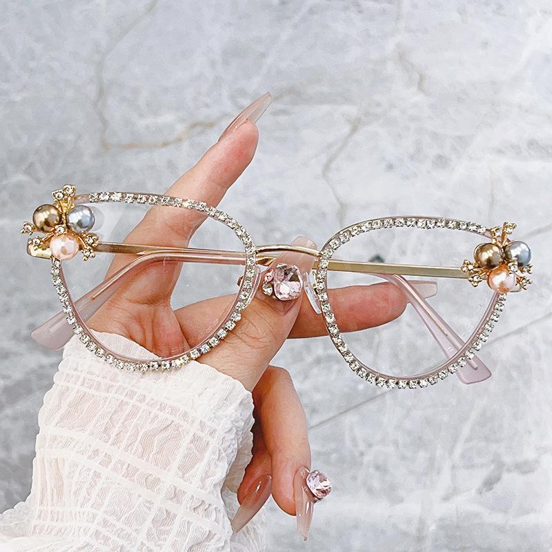 Vintage Sexy Ladies Cat Eye Anti Blue Light Optical Glasses Frames Women Luxury Brand Designer Diamond Pearl Clear Eyeglasses