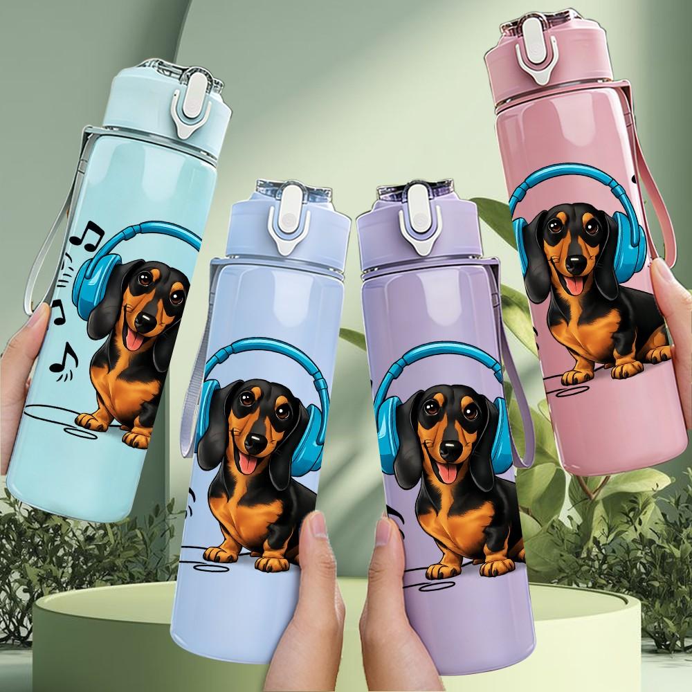 1PC Dog With Headphones Music Print 750ml Color Plastic Sports Water Bottle Leakproof Flip Straw Lid Suitable for Sports Office Home Use