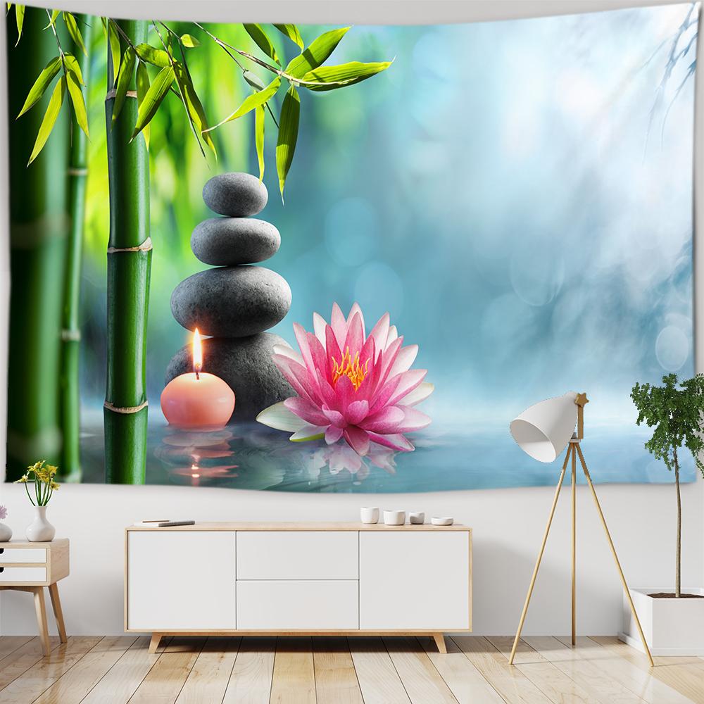 Chinese Zen Garden Green Bamboo Water Lily Print Tapestry Home Living Room Room Wall Decoration Background Cloth Tapestry