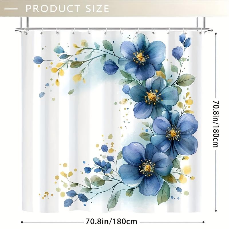 1pc Elegant Watercolor Blue & Green Floral Shower Curtain, Durable Polyester, Easy Clean, with Hooks