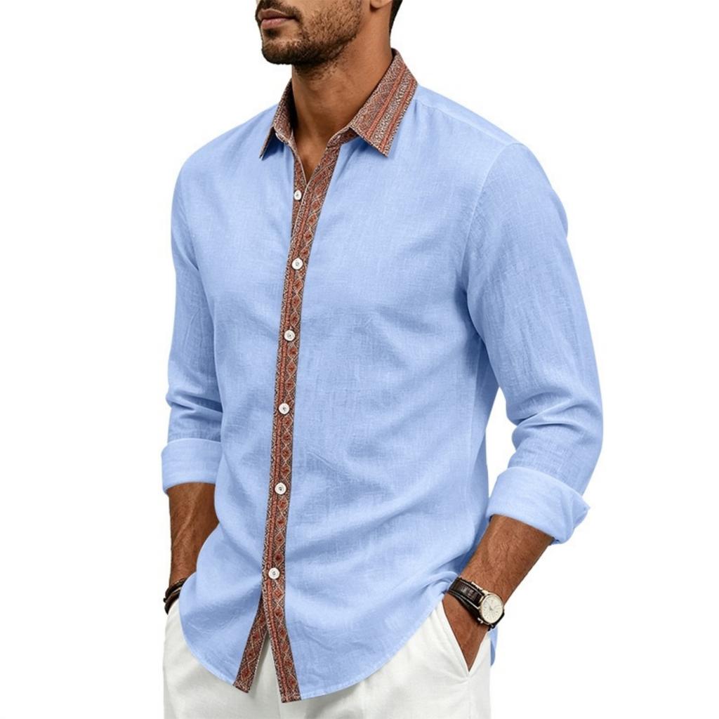 Camicia da uomo a maniche lunghe in lino con abbottonatura e colletto