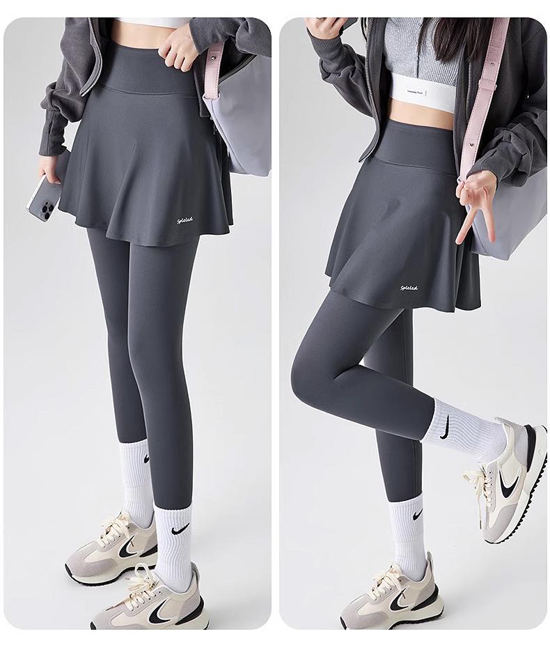 Women's Faux Two-Piece Fleece-Enhanced Shark Pants: Yoga-Style Pleated Skirt and Tights for Spring, Autumn, and Winter.