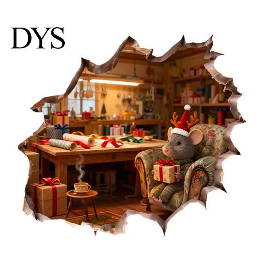 Holiday Home Decor Gifts Christmas Mouse Wall Sticker, 3D Realistic Cute Illustrations Decal, Party Glass Waterproof PVC Decorative for Decoration