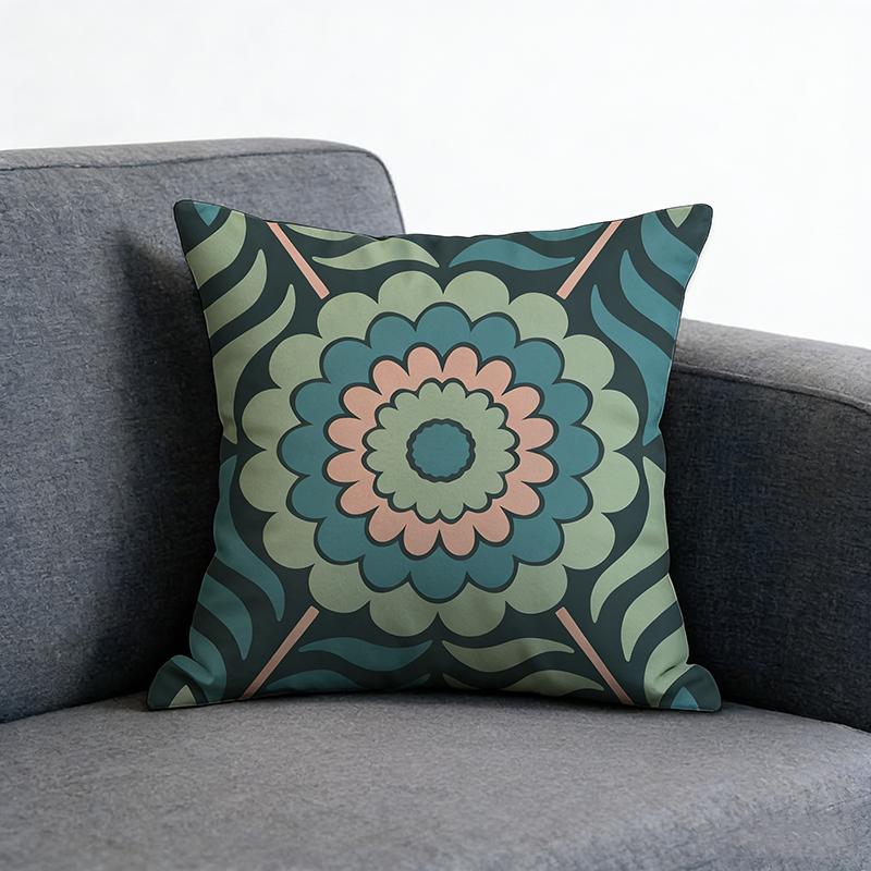 Boho Green Floral Mandala Cushion Cover Peach Skin Retro Sun Throw Pillow Case For Living Room Sofa Bed Couch Home Decor Indoors