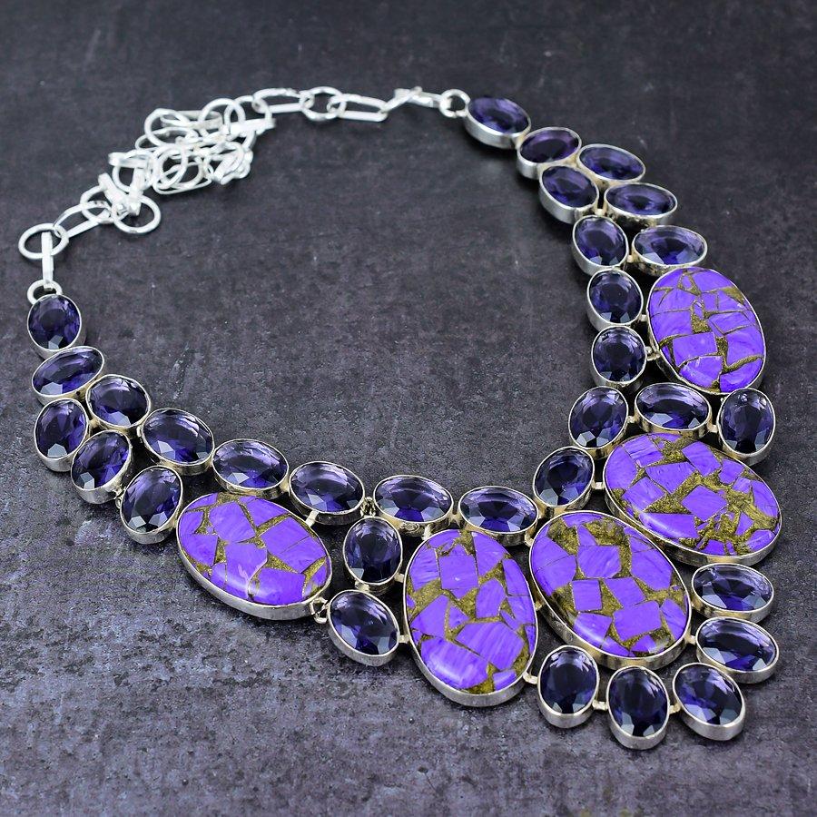 Natural Copper Charoite, Amethyst Gemstone 925 Sterling Silver Necklace 18" W8u94