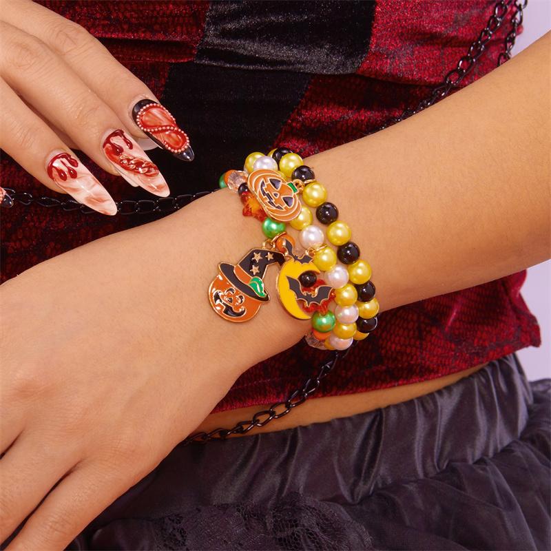 3Pcs/Set Halloween Ghost Black Cat Pendant Bracelets for Women Cartoon Pumpkin Bat Castle Beaded Bracelet Girl Party Jewelry