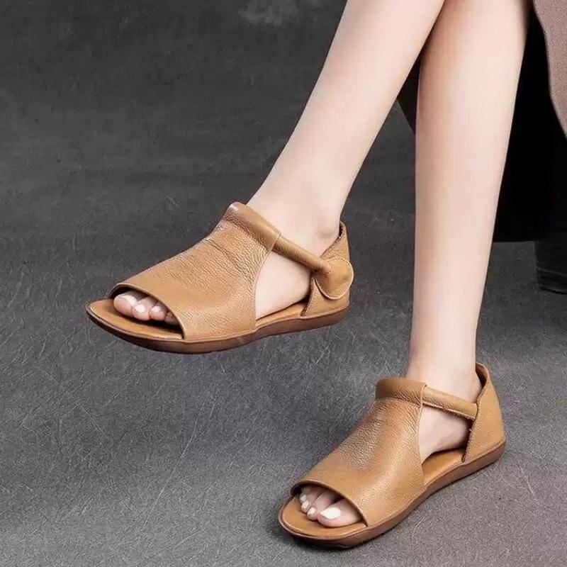 Sommer Damenschuhe Peep Toe Flach Retro Weich Atmungsaktiv Bequem Lässig